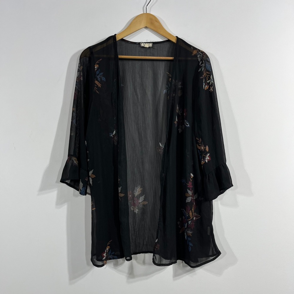 Eyeshadow Y2K Boho Floral Sheer Kimono Cardigan Ruffle Sleeve Womens Large